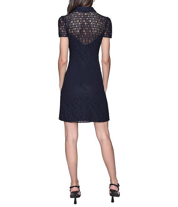 KARL LAGERFELD PARIS Lace Point Collar Neck Short Sleeve Button Front Shirt Mini Dress Product Image