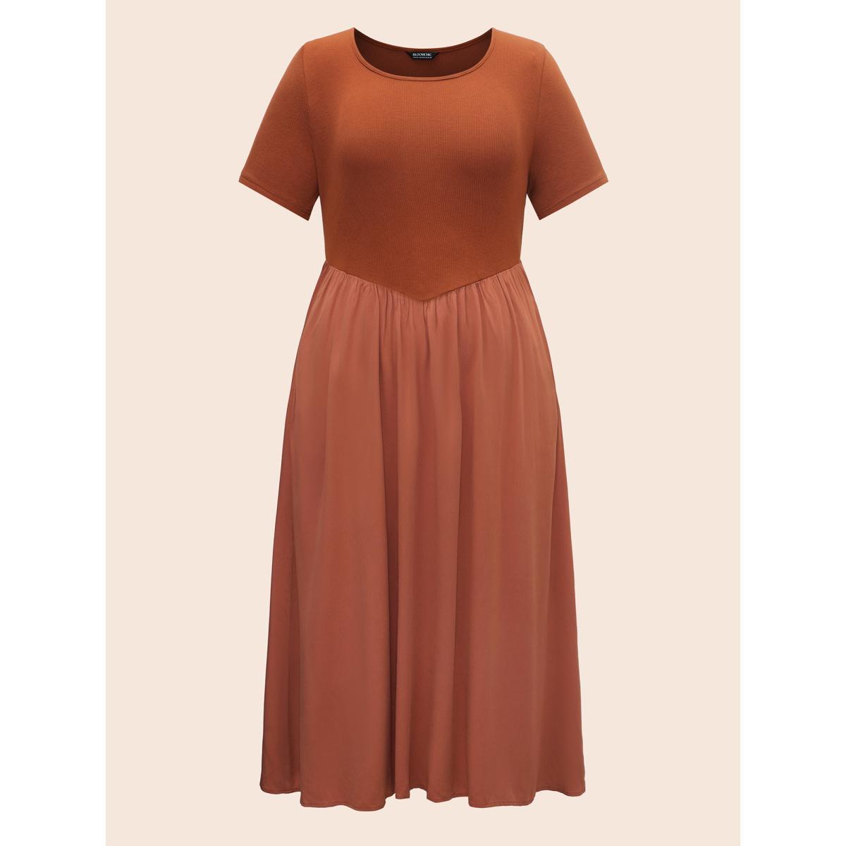 Plus Size U Neck Patchwork Midi Dress Maroon Women Elegant Patchwork U-neck Short sleeve Curvy BloomChic 14-16/1X Product Image