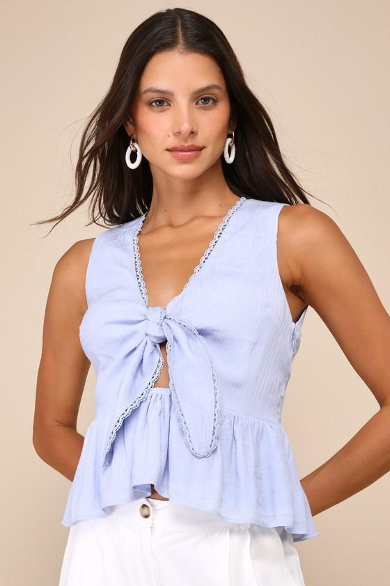 Admirable Cutie Light Blue Tie-Front Ruffled Sleeveless Top Product Image