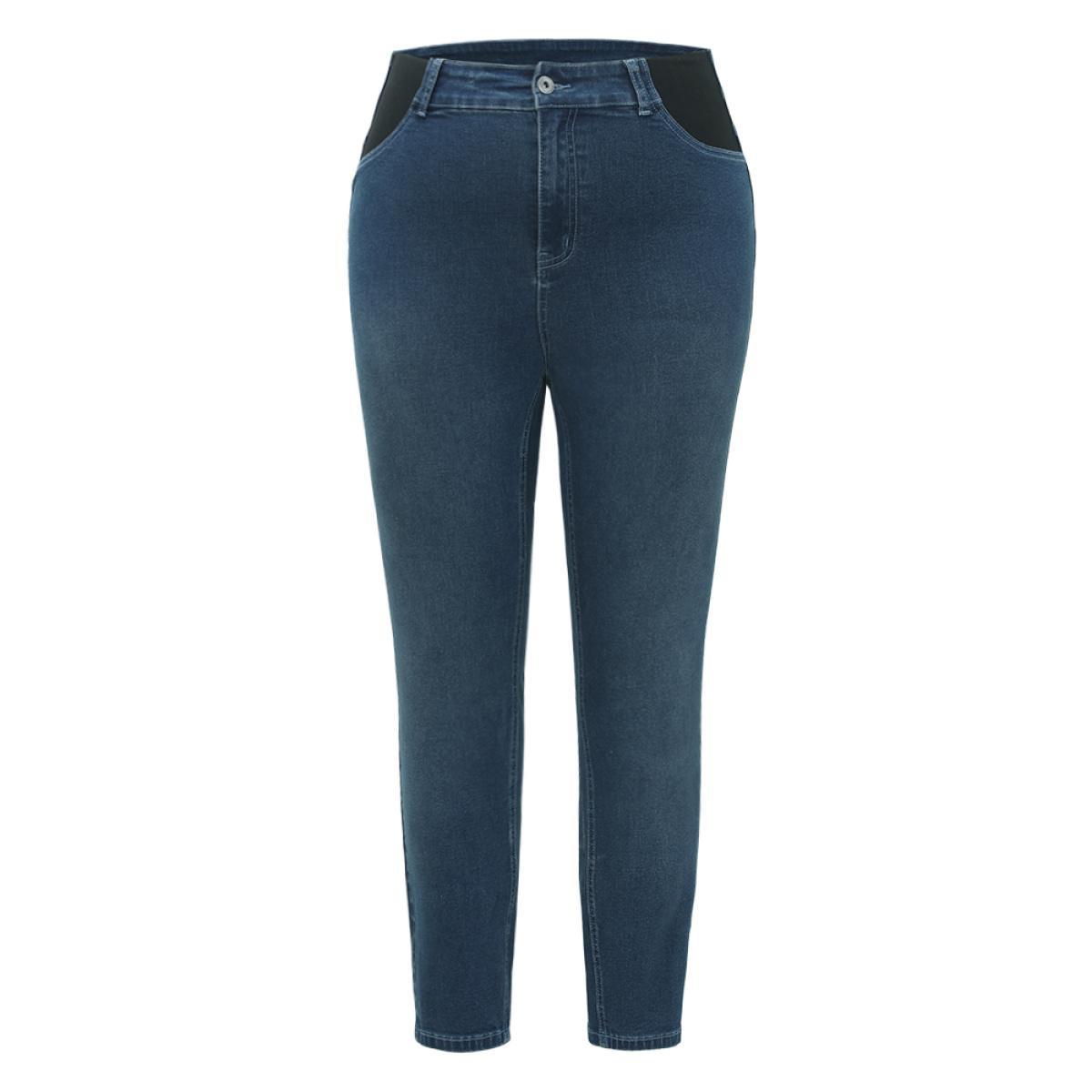 Plus Size Contrast Pocket Elastic Waist Very Stretchy Jeans Women Indigo Casual Plain Elastic Waist High stretch Pocket Jeans BloomChic 12/L Product Image