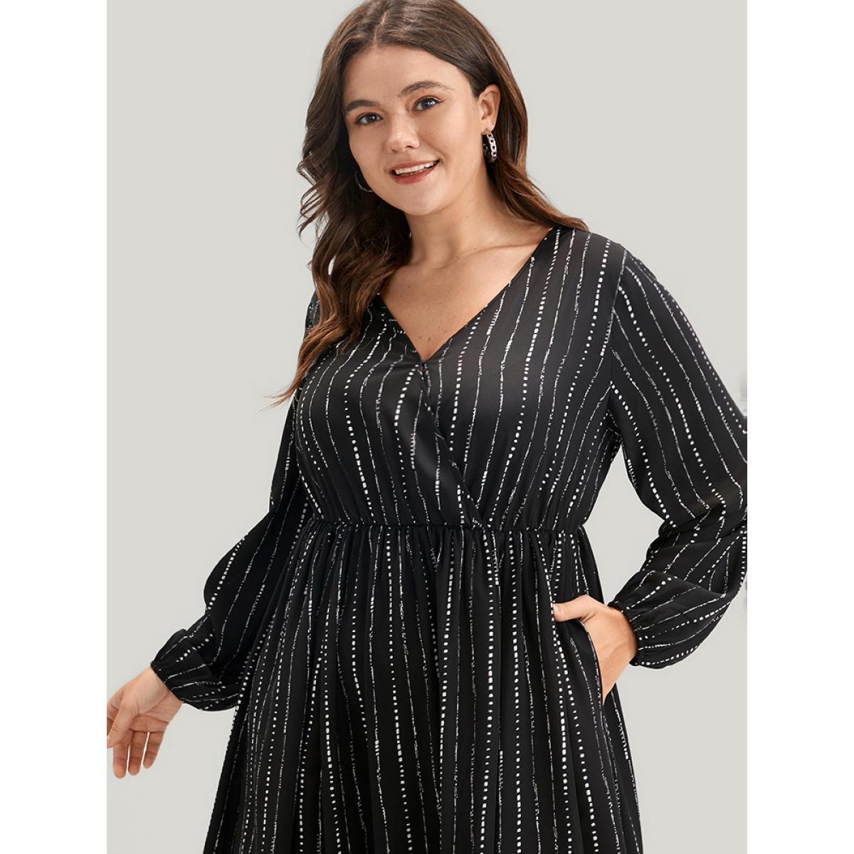 Plus Size Striped Lantern Sleeve Pocket Split Wrap Midi Dress Black Women Elegant Pocket V-neck Long Sleeve Curvy Midi Dress BloomChic 28/5X Product Image