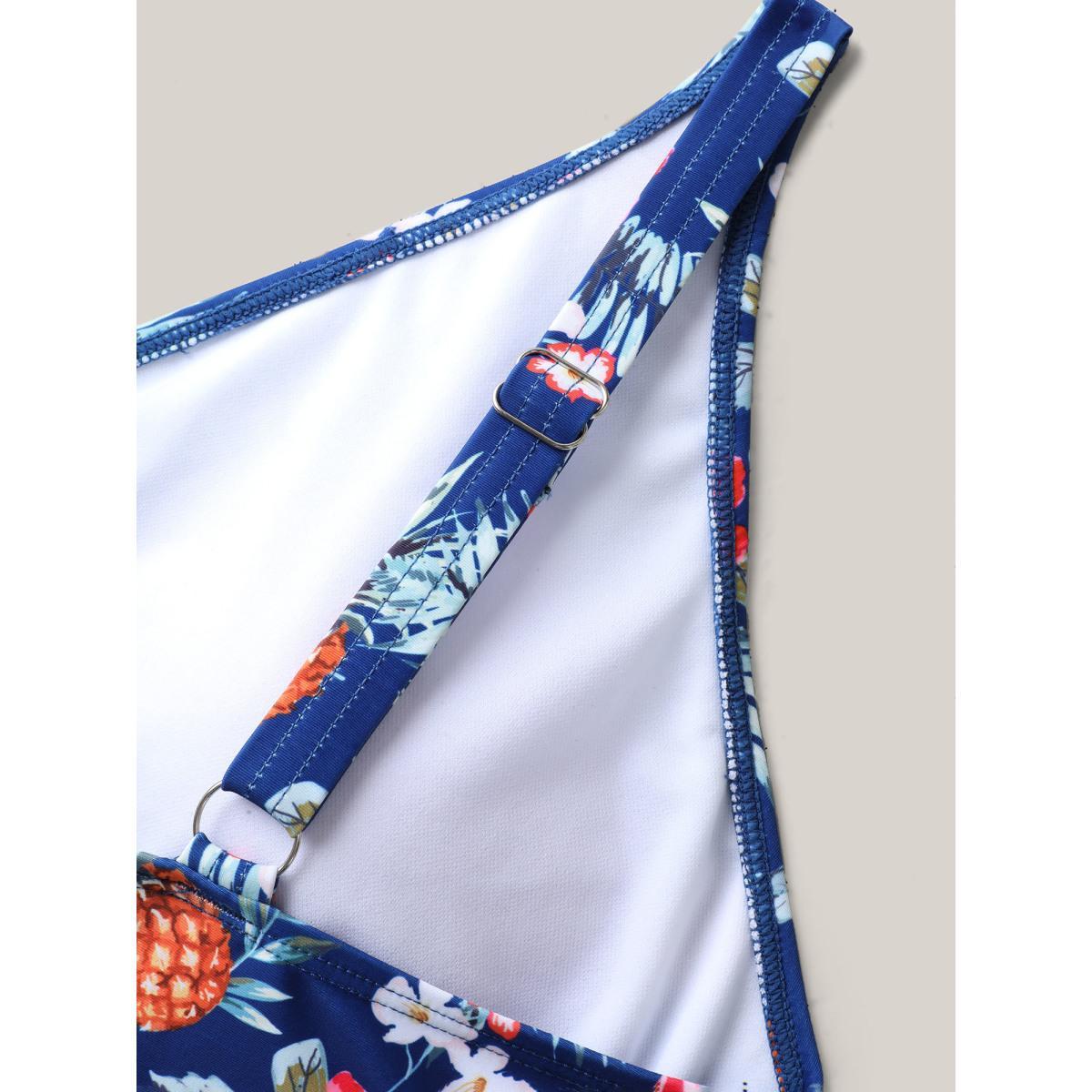 Plus Size Tropical Floral Print Waist-Tie Swim Dress Women's Swimwear Mediumblue Beach Bodycon Overlap Collar High stretch Curve Swim Dresses BloomChic 18-20/2X Product Image