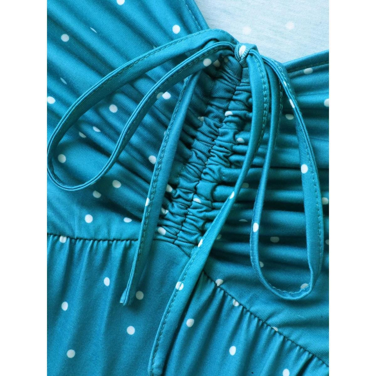 Plus Size Dot Print Ruched Drawstring Midi Dress Cerulean Women Heart neckline Short sleeve Curvy BloomChic 22-24/3X Product Image