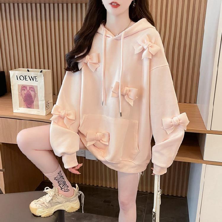 Plain Bow Accent Oversized Hoodie Product Image