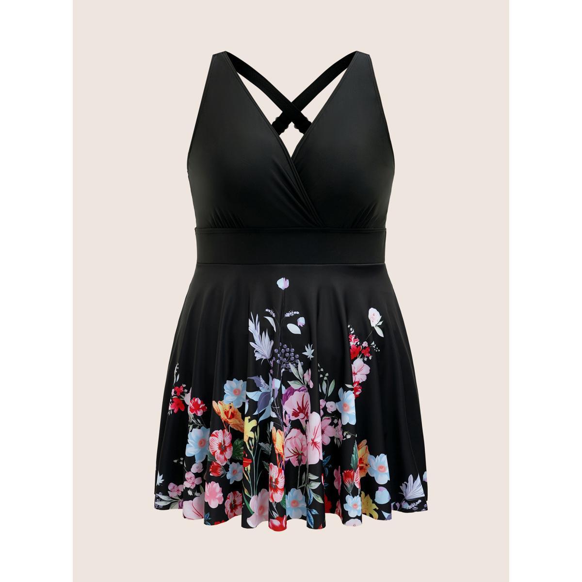 Plus Size Overlap Collar Natural Flowers Gathered Swim Dress Women's Swimwear Black Beach Bodycon Overlap Collar High stretch Curve Swim Dresses BloomChic 28/5X Product Image