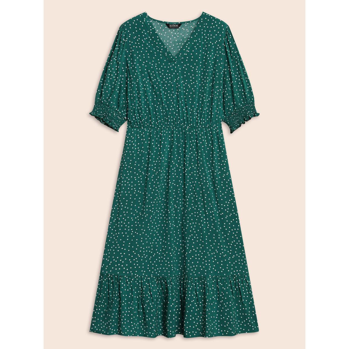 Plus Size Polka Dot Shirred Pocket Flutter Hem Dress DarkGreen Women Office Printed V-neck Half Sleeve Curvy Midi Dress BloomChic 14-16/1X Product Image