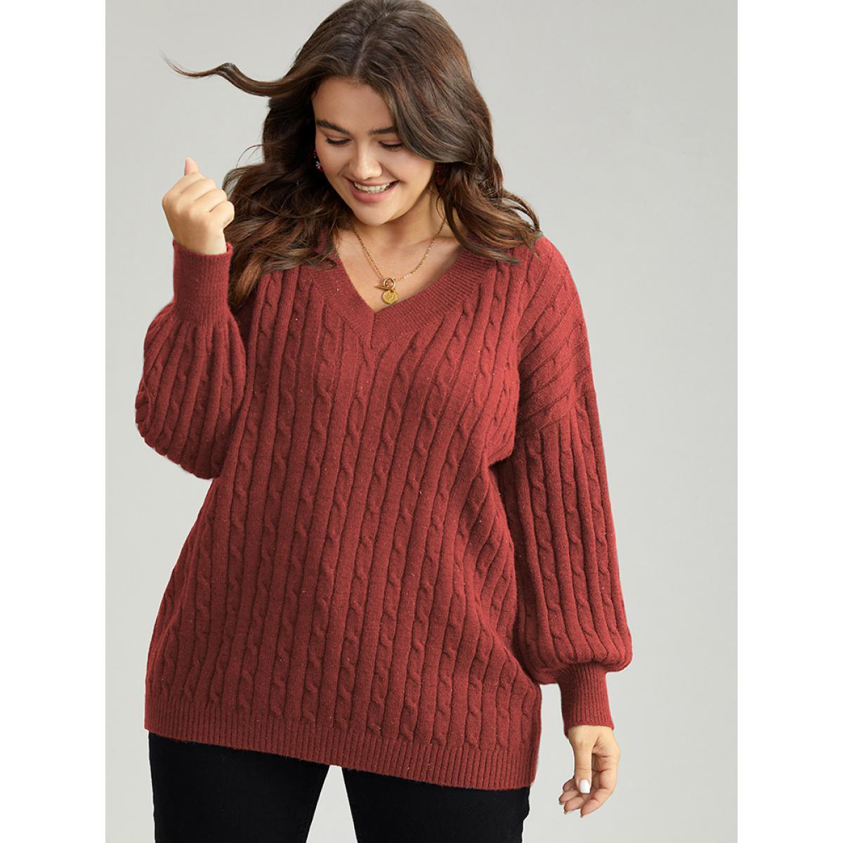 Plus Size Lurex Cable Knit Plain V Neck Pullover Raspberry Women Casual Loose Long Sleeve V-neck Dailywear Pullovers BloomChic 14-16/1X Product Image
