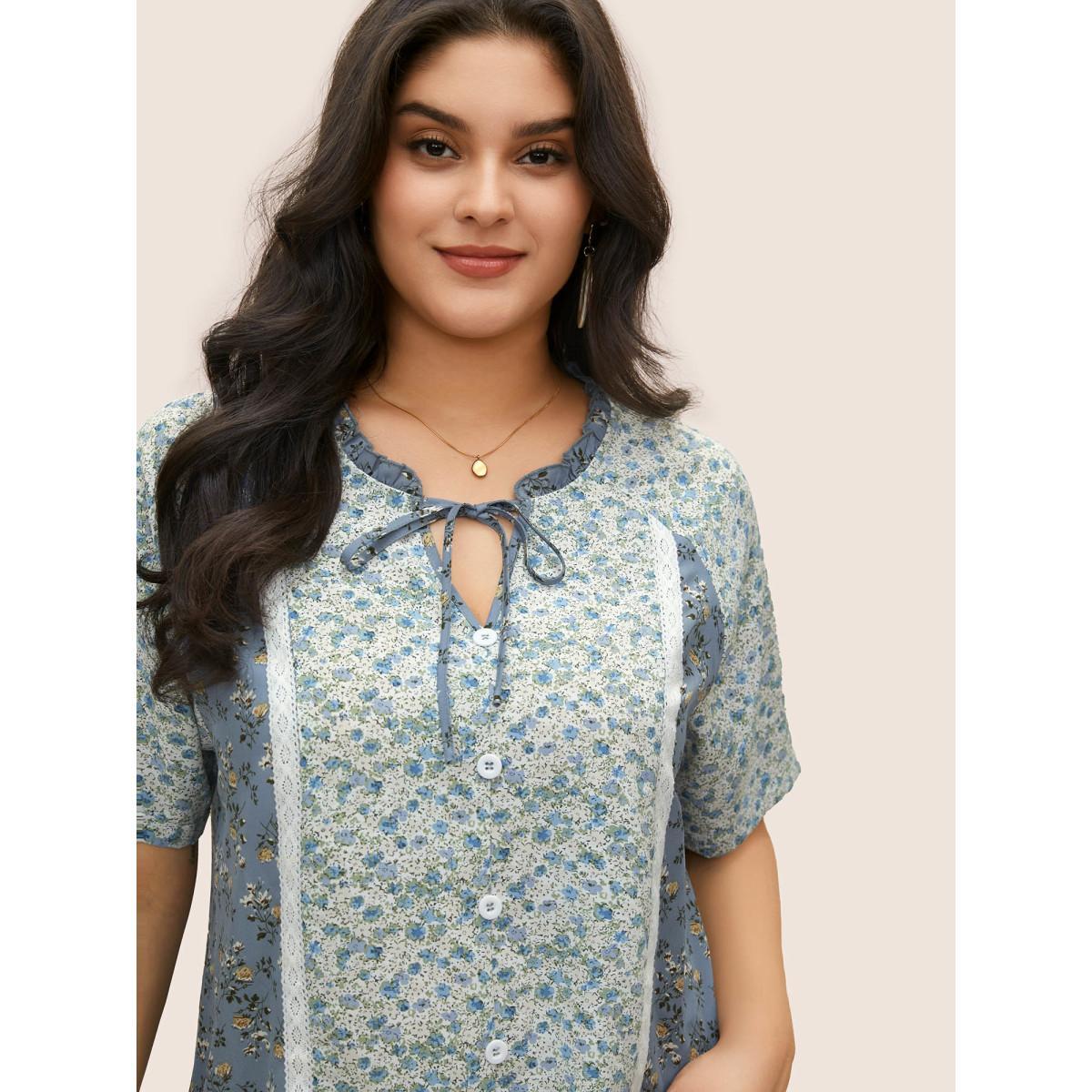 Plus Size Stone Ditsy Floral Ruffles Lace Patchwork Ties Blouse Women Elegant Short sleeve Notched collar Everyday Blouses BloomChic 12/L Product Image
