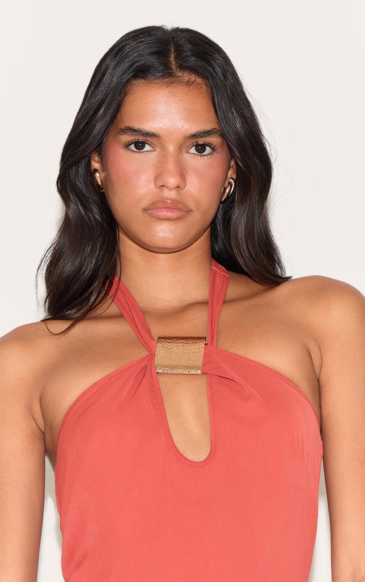 Rust Woven Halter Neck Trim Detail Maxi Dress Product Image