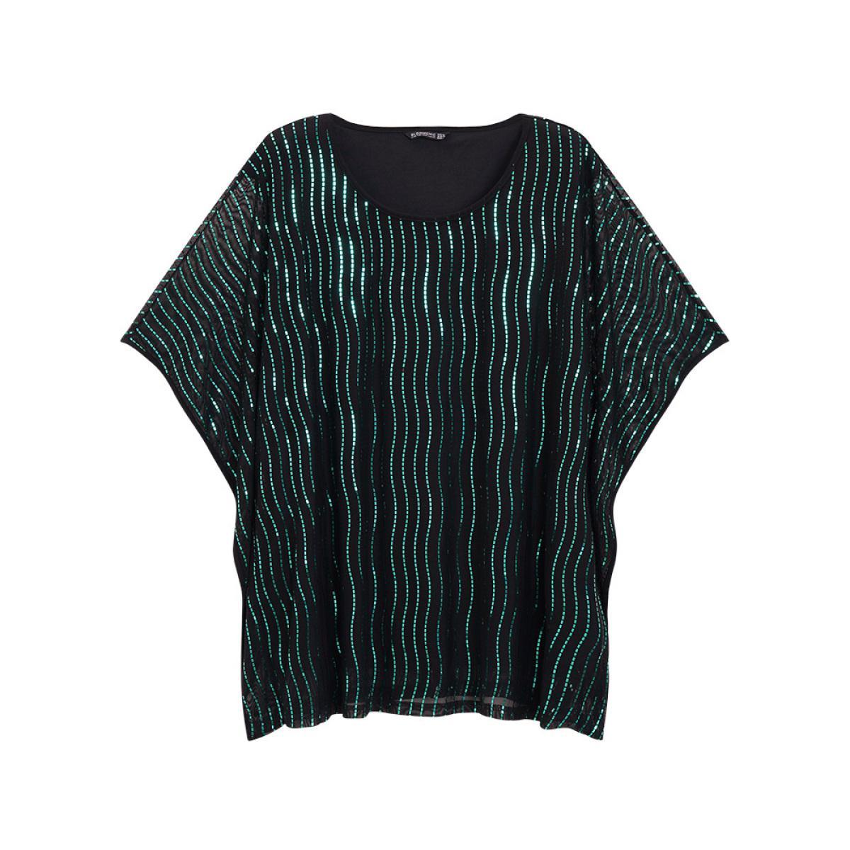 Plus Size Black Glitter Striped Mesh Batwing Sleeve Blouse Women Party Short sleeve Round Neck Going out Blouses BloomChic 22-24/3X Product Image