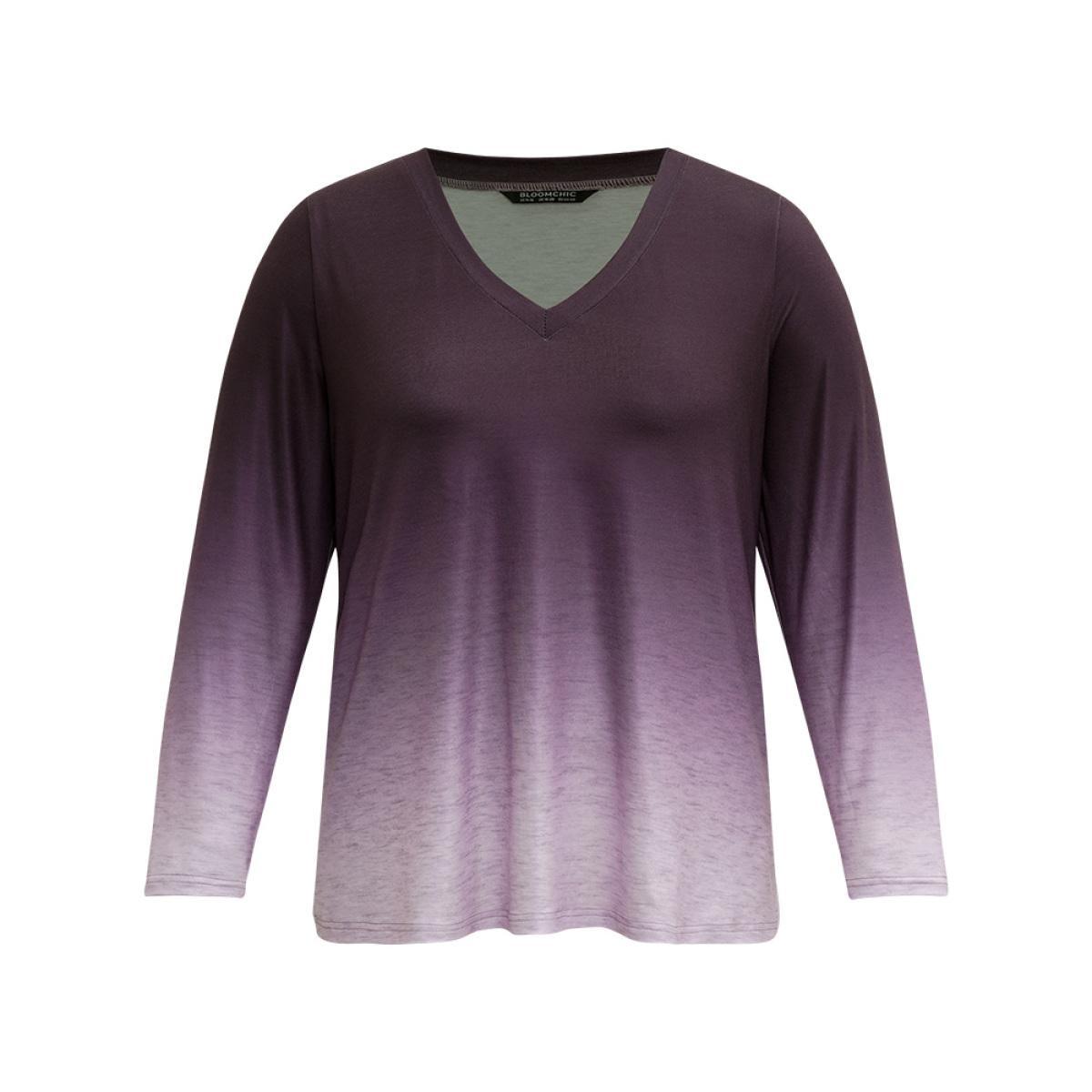 Plus Size Ombre V Neck Slightly Stretchy T-shirt Purple Women Casual Plain Ombre V-neck Everyday T-shirts BloomChic 12/L Product Image