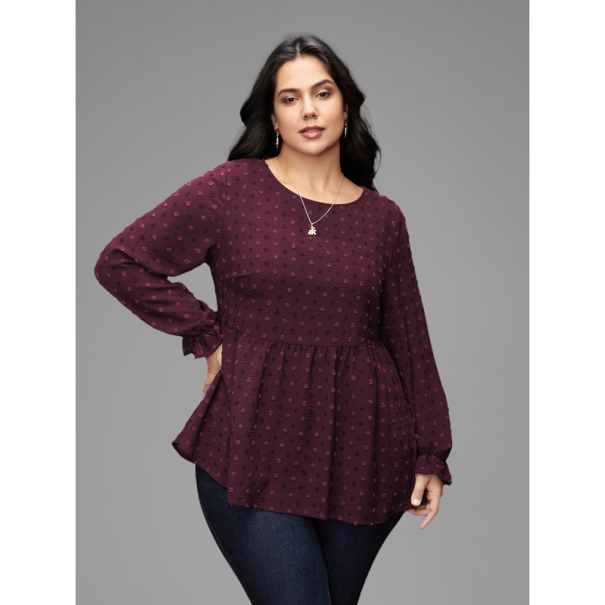 Plus Size Indigo Textured Dot Elastic Cuffs A-line Blouse Women Casual Long Sleeve Round Neck Everyday Blouses BloomChic 28/5X Product Image