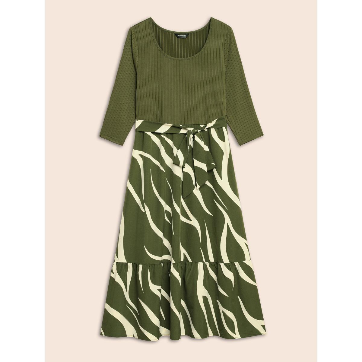 Plus Size Geometric Texture Patchwork Belted Dress ArmyGreen Women Elegant Texture Round Neck Elbow-length sleeve Curvy BloomChic 18-20/2X Product Image