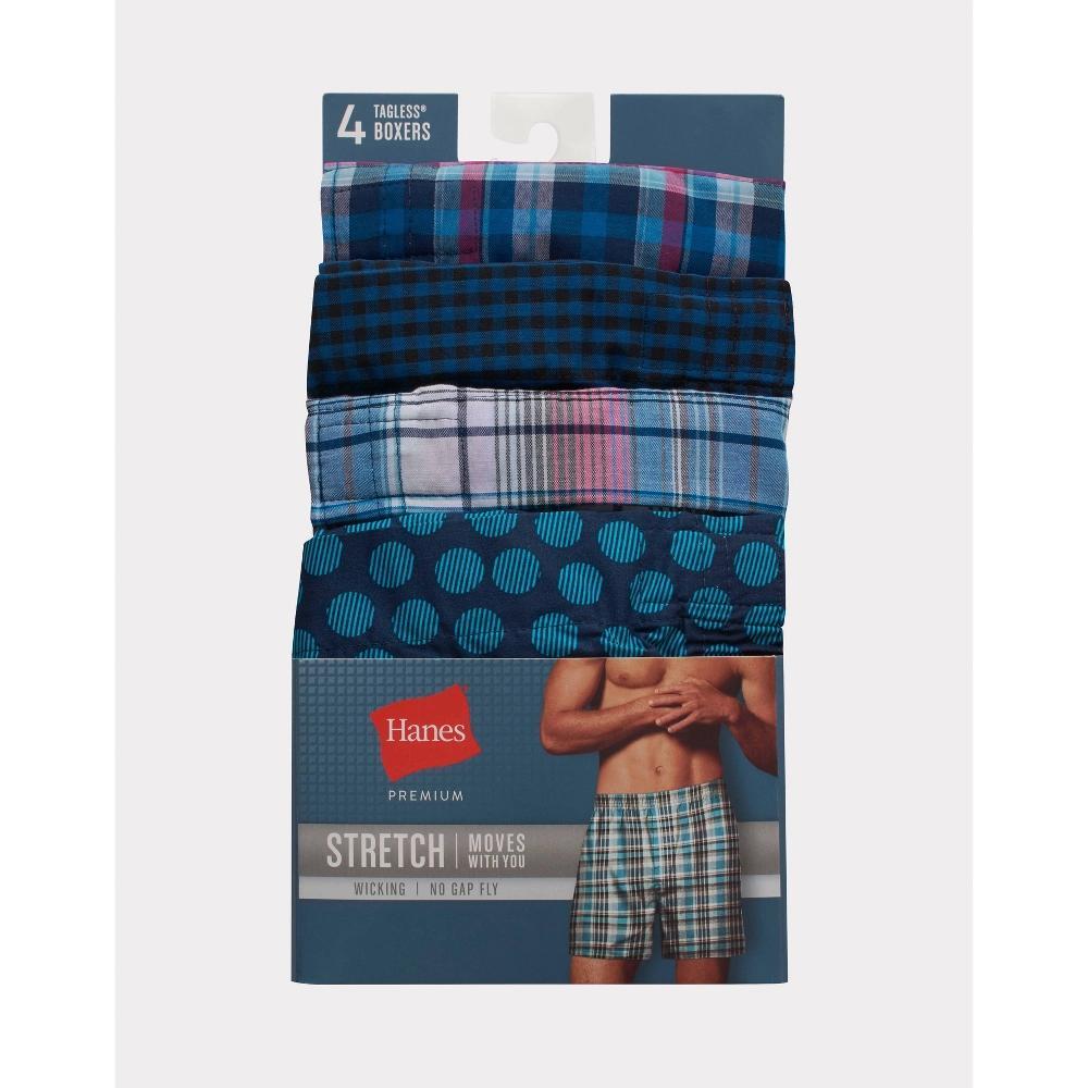 Hanes Premium Men's Stretch Woven Boxer Shorts 4pk - Blue L: Tagless, Plaid, Lightweight, Pull-On Product Image