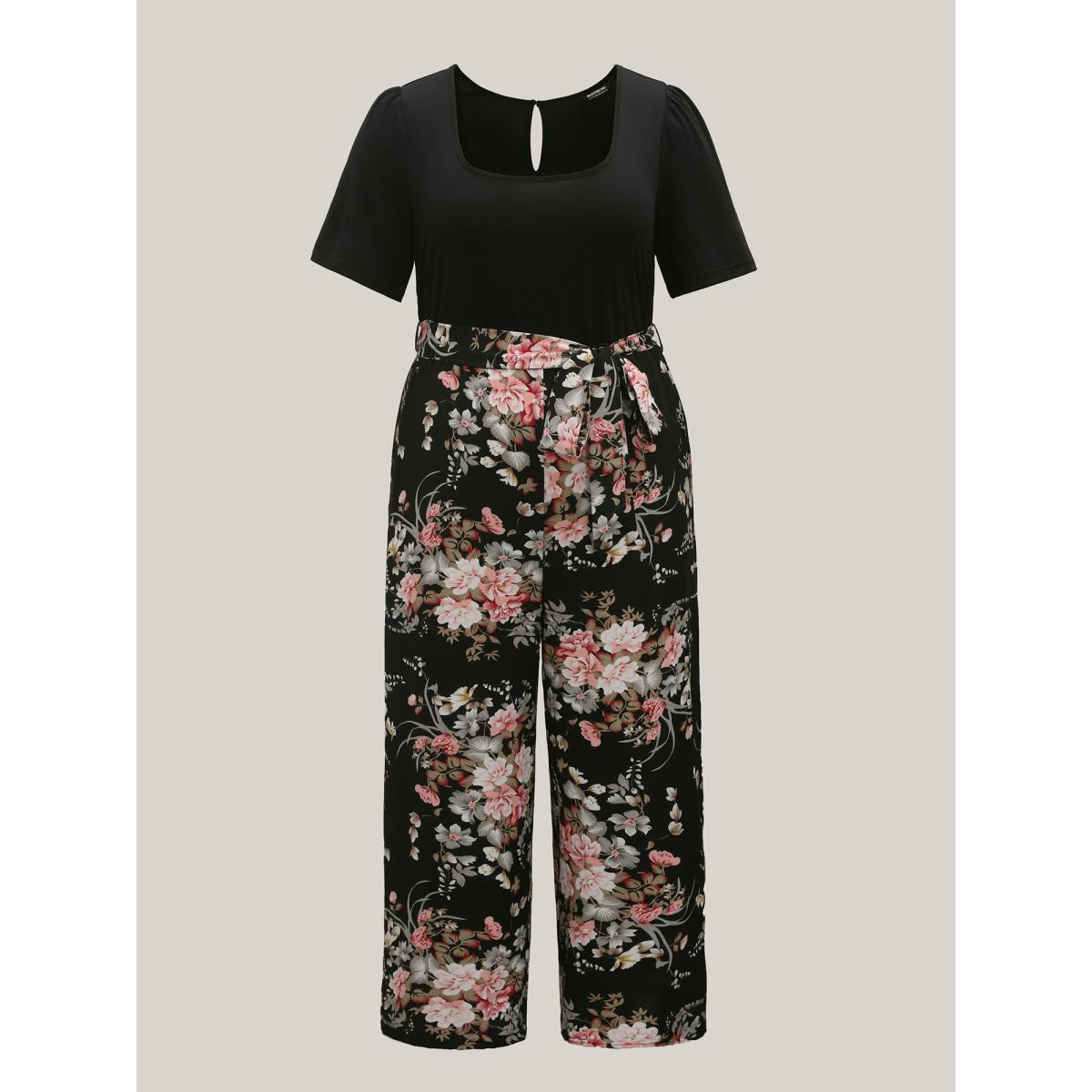 Plus Size Black Color Contrast Belted Panel Pockets Jumpsuit Women Elegant Short sleeve Square Neck Everyday-Elegant Loose Jumpsuits BloomChic 10/M Product Image
