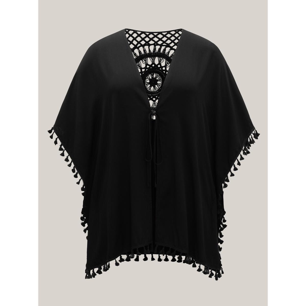 Plus Size Backless Front-Tie Tassels Kimono Women Black Tie knot Loose Vacation Kimonos BloomChic 14-16/1X Product Image