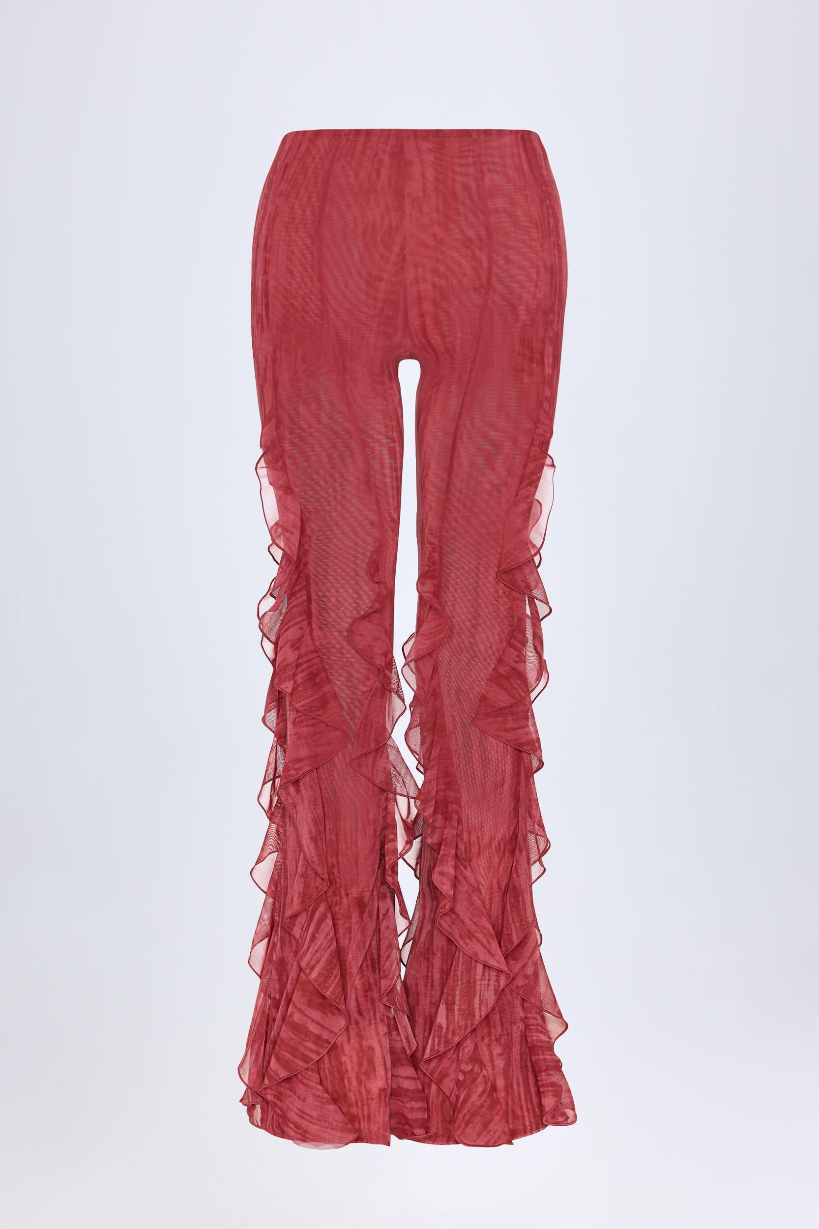 Ruffled Mid-Rise Flared Trousers in Red Print Product Image