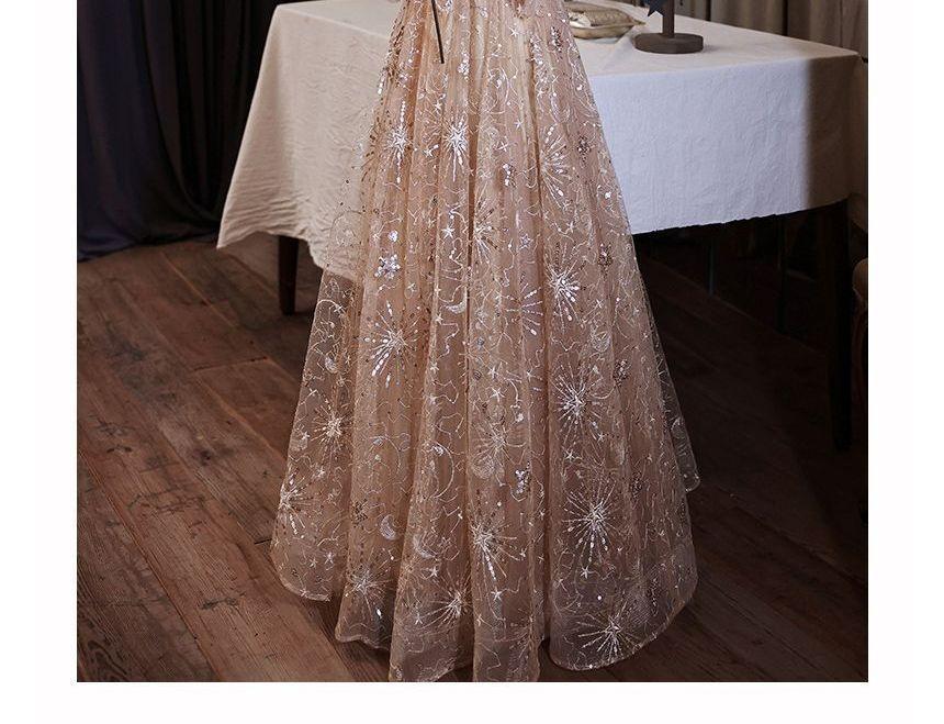 Long-Sleeve Round Neck Embroidered Sequin Mesh A-Line Cocktail Dress / Evening Gown Product Image