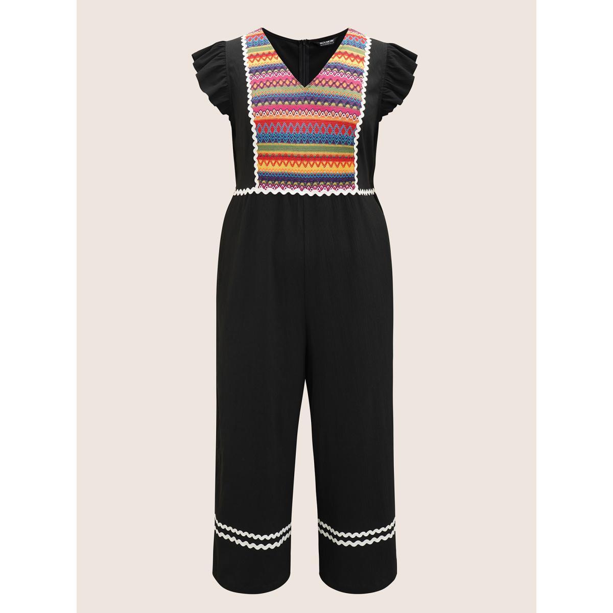 Plus Size Black Contrast Webbing Ruffle Cap Sleeve Jumpsuit Women Resort Cap Sleeve V-neck Vacation Loose Jumpsuits BloomChic 22-24/3X Product Image