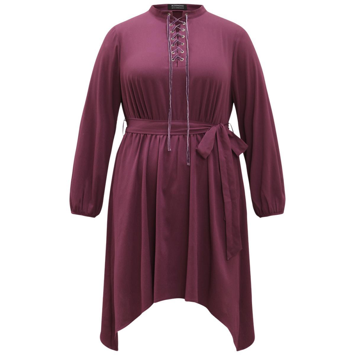 Plus Size Halloween Plain Lantern Sleeve Belted Lace Up Asymmetrical Hem Dress Purple Women Office Elastic cuffs Tie Neck Long Sleeve Curvy Knee Dress BloomChic 12/L Product Image