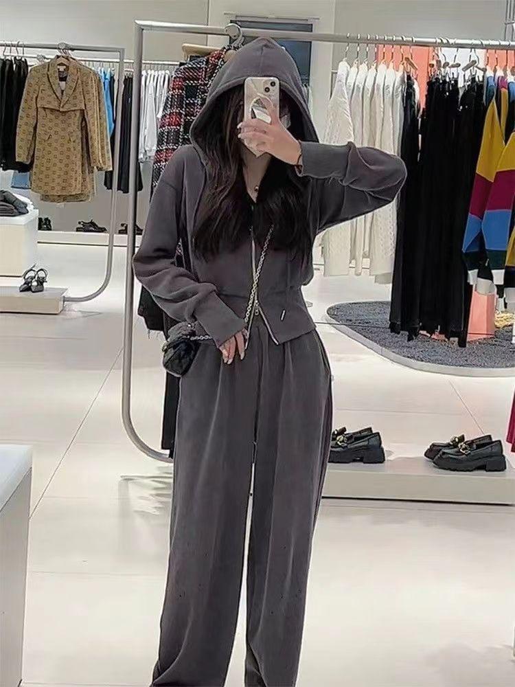 Set: Zip Hoodie + Drawstring Waist Wide Leg Sweatpants Product Image