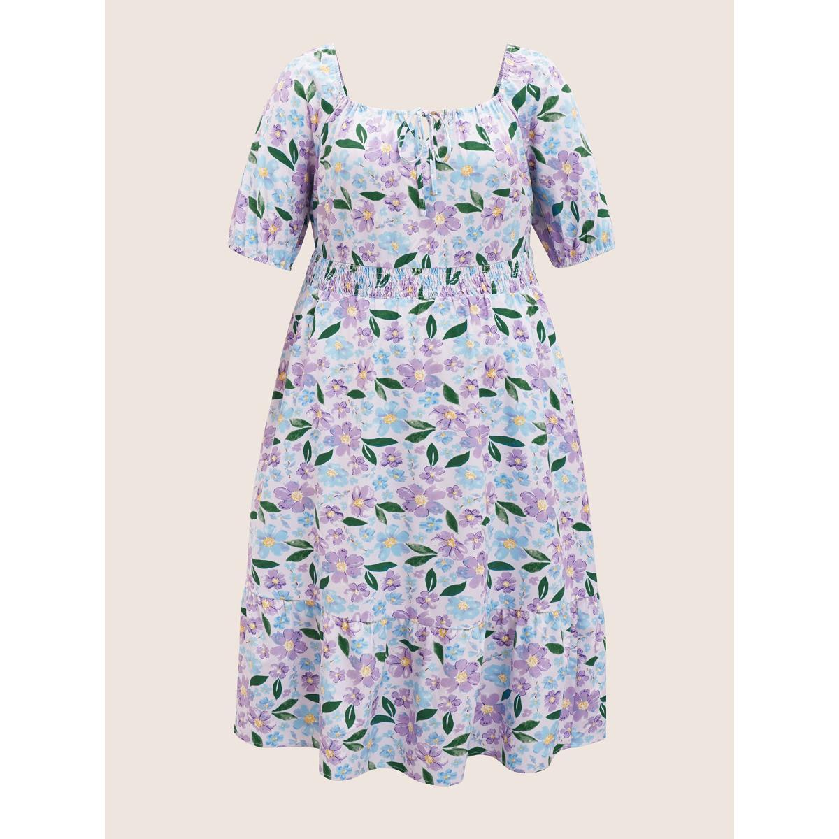 Plus Size Floral Tie Knot Lantern Sleeve Midi Dress Lilac Women Elegant Tie knot Square Neck Short sleeve Curvy BloomChic 26/4X Product Image