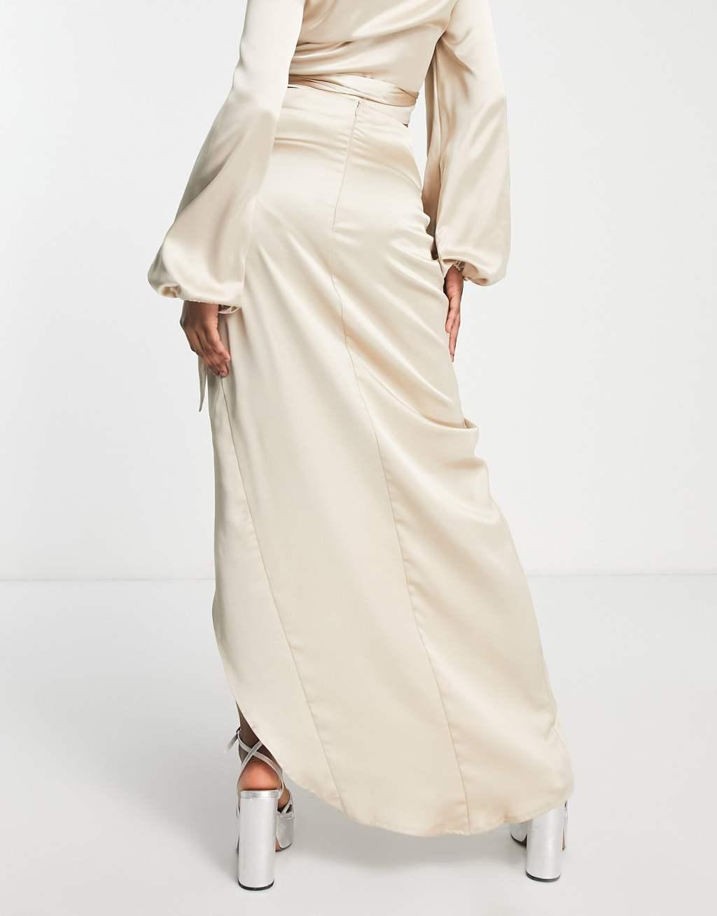 Flounce London Tall satin high waist maxi skirt with leg slit Product Image