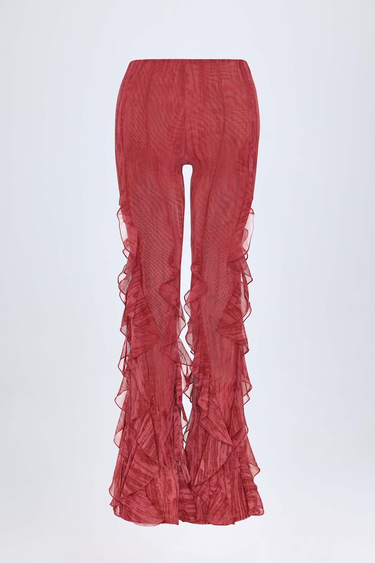 Ruffled Mid-Rise Flared Trousers in Red Print Product Image