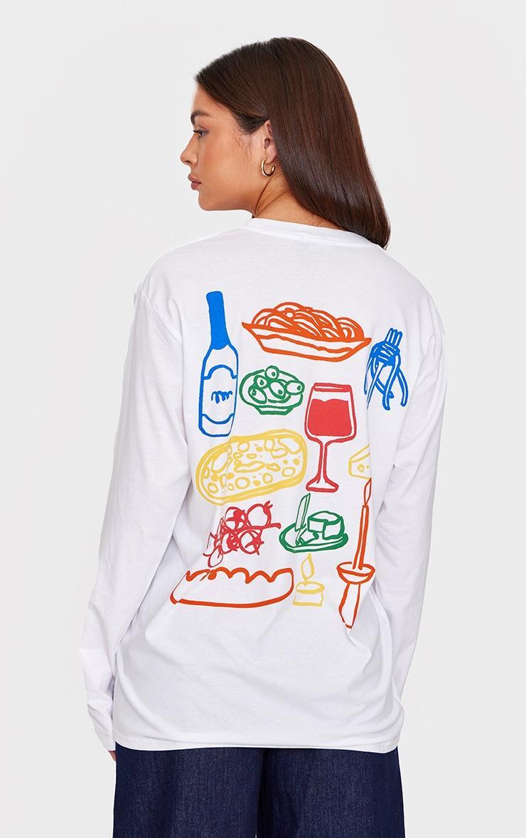 White Multi Food And Wine Graphic Oversized Long Sleeve T Shirt Product Image