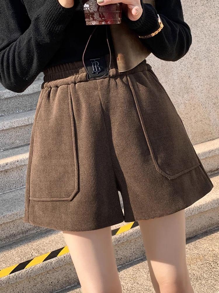 High Waist Plain Corduroy Wide Leg Shorts Product Image