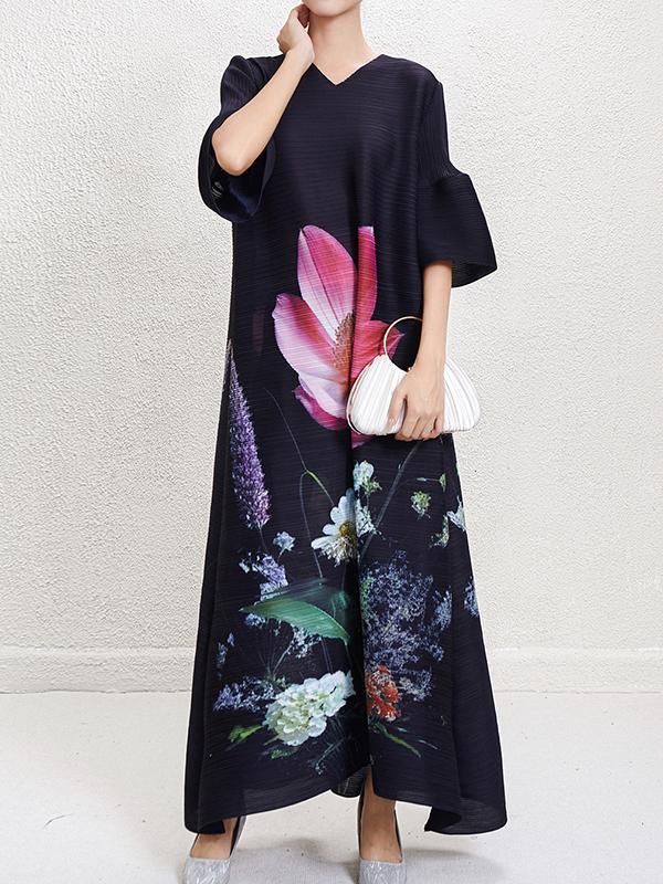 A-Line Flared Sleeves Flower Print Pleated V-Neck Maxi Dresses Product Image