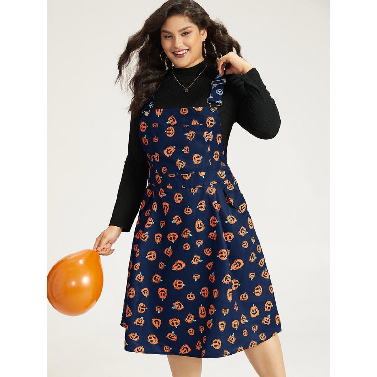 Plus Size Halloween Pocket Pumpkin Print Overall Cami Dress DarkGreen Women Casual Adjustable Straps Spaghetti Strap Sleeveless Curvy Midi Dress BloomChic 18-20/2X Product Image