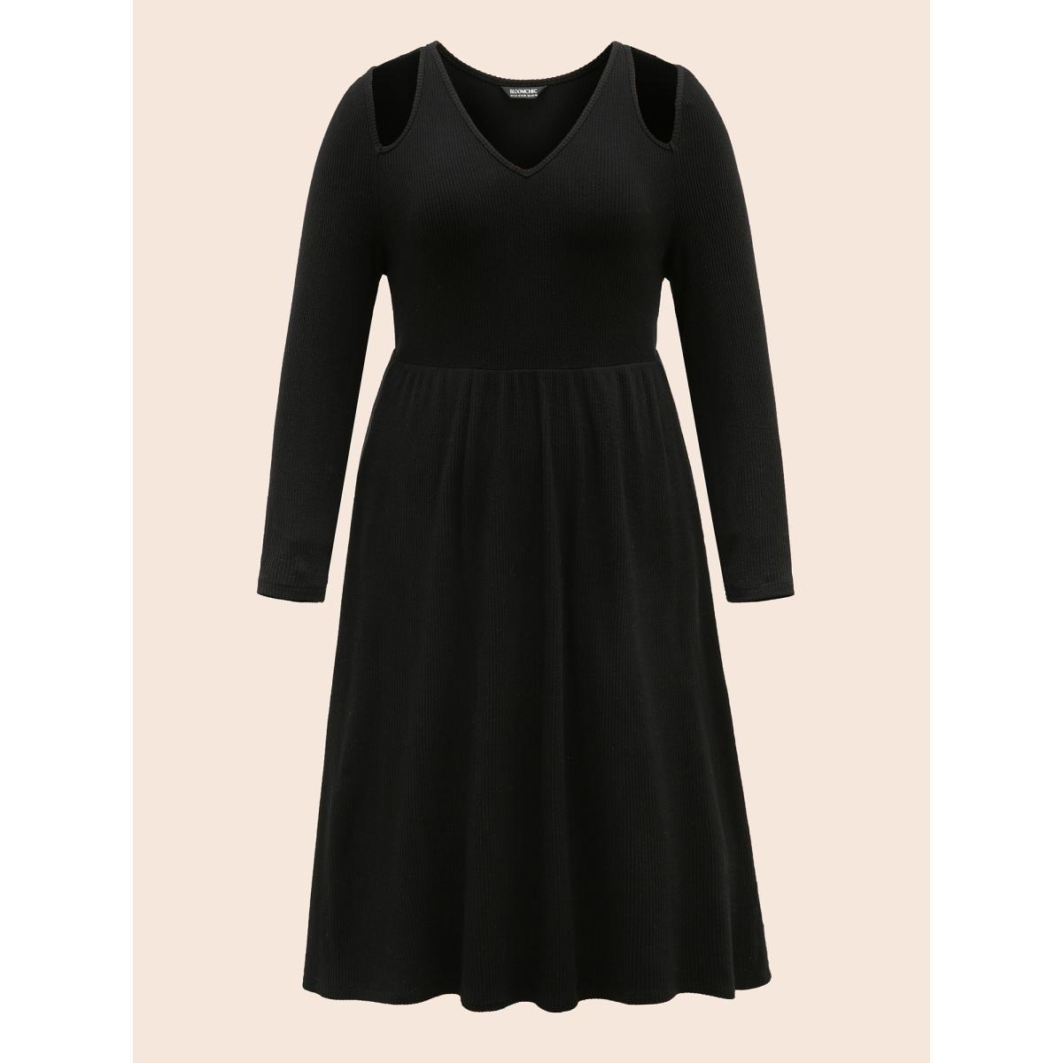 Plus Size Solid Pit Strip Cut Out Dress Black Women Elegant Texture V-neck Long Sleeve Curvy BloomChic 12/L Product Image