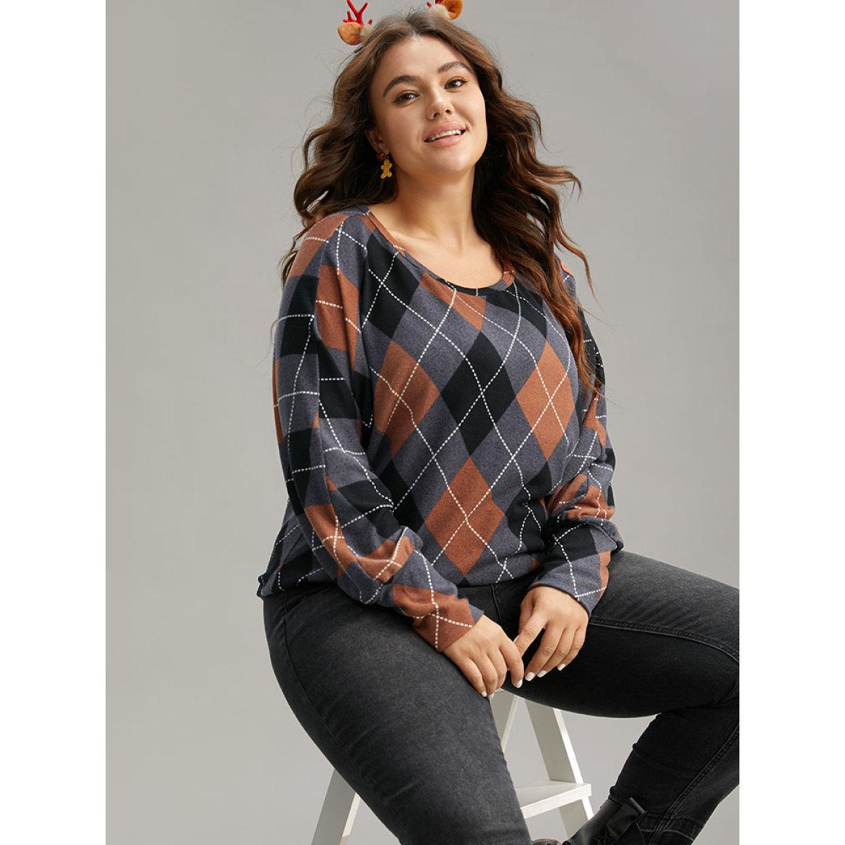 Plus Size Plaid Contrast Round Neck Dolman Sleeve T-shirt Multicolor Women Casual Contrast Plaid Round Neck Festival-Christmas T-shirts BloomChic 30/6X Product Image