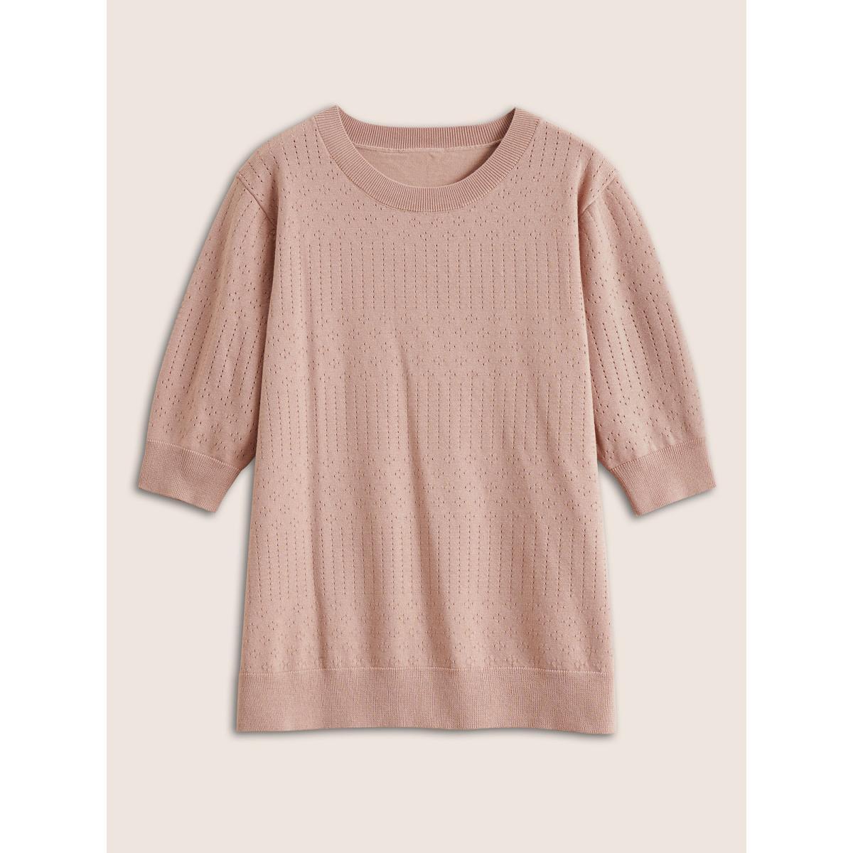 Plus Size Supersoft Essentials Solid Pointelle Knit Pullover MistyRose Women Casual Half Sleeve Round Neck Everyday Pullovers BloomChic 14-16/1X Product Image