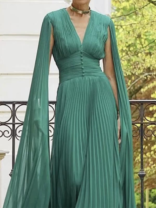 Long Sleeves Pleated Solid Color V-Neck Maxi Dresses Product Image