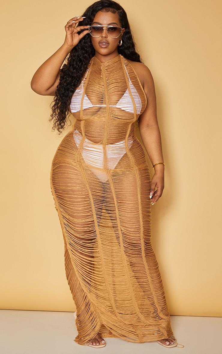 Plus Tan Tassel Knit Beach Dress Product Image