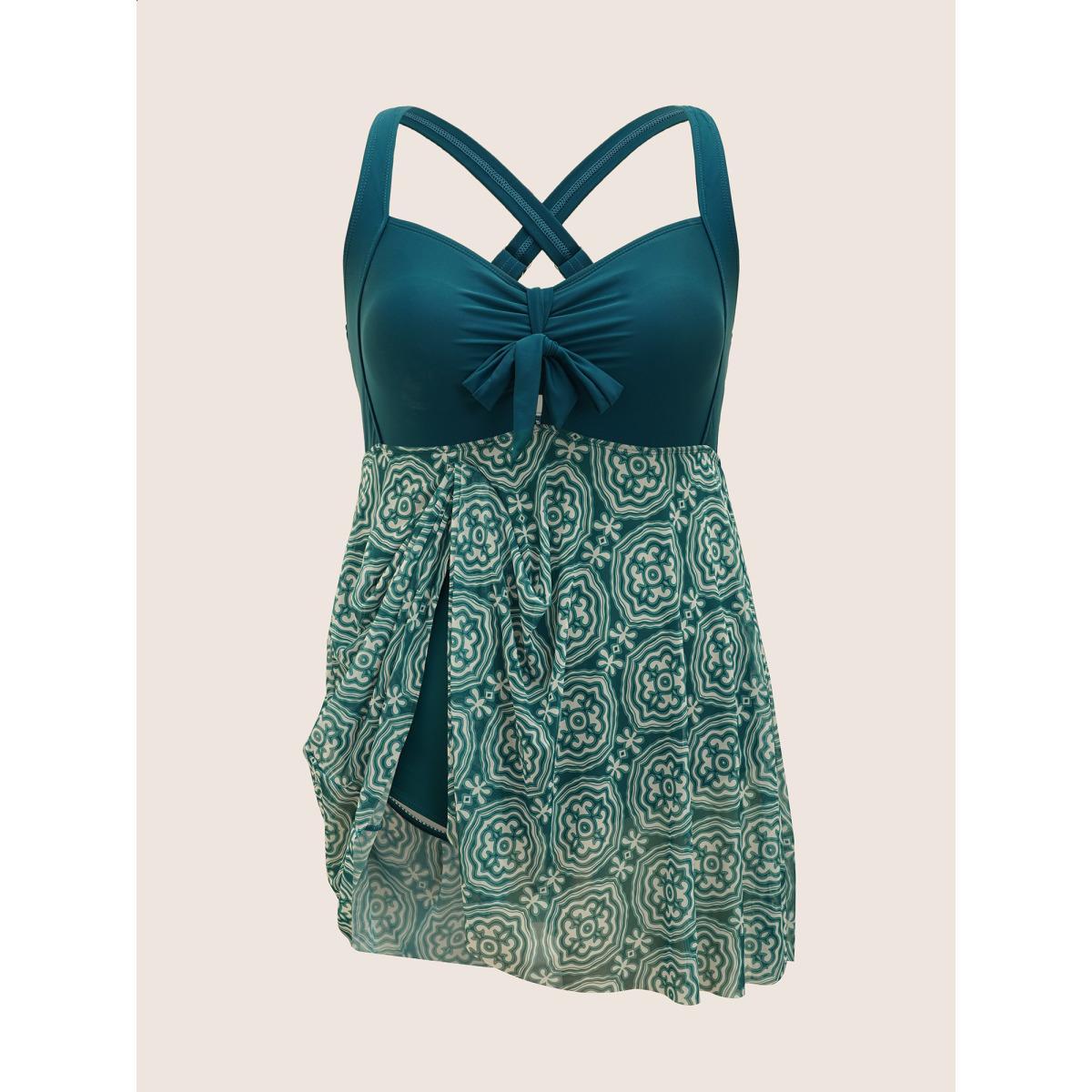 Plus Size Boho Print Patchwork Tie Knot Gathered Swim Dress Women's Swimwear DarkGreen Beach Bodycon Heart neckline High stretch Curve Swim Dresses BloomChic 30/6X Product Image