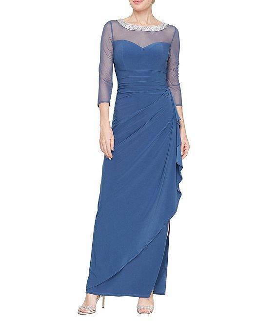 Alex Evenings Illusion Mesh 3/4 Sleeve Round Neck Side Slit Ruched Gown Product Image
