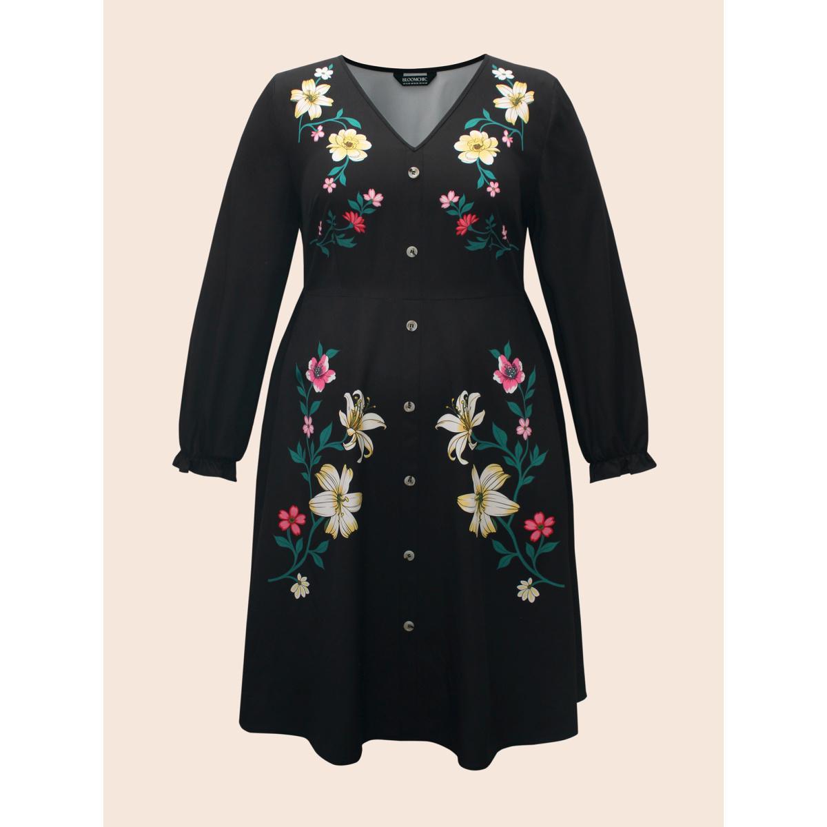 Plus Size V Neck Floral Button Detail Dress Black Women Elegant Button V-neck Long Sleeve Curvy BloomChic 22-24/3X Product Image