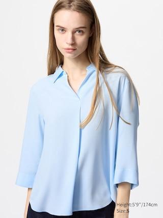 Womens Rayon Skipper Collar Blouse 3/4 Sleeve Light Blue Large UNIQLO US Product Image