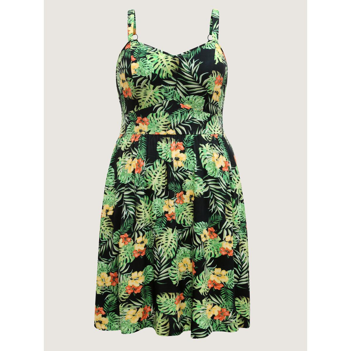 Plus Size Breezy Tropics Shirred Waist Midi Dress Multicolor Women V-neck Sleeveless Curvy BloomChic 18-20/2X Product Image