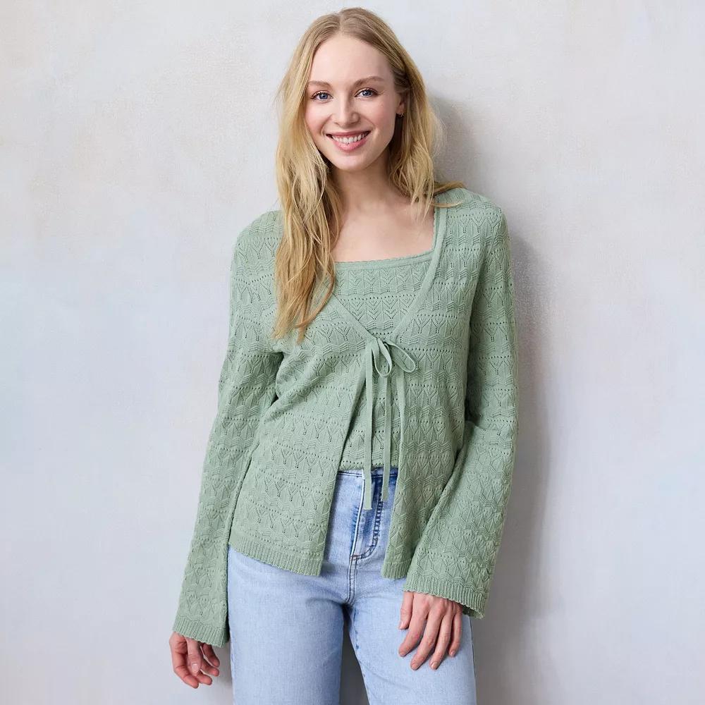 Women's LC Lauren Conrad V-Neck Pointelle Cardigan, Size: Small, Valor Green Product Image