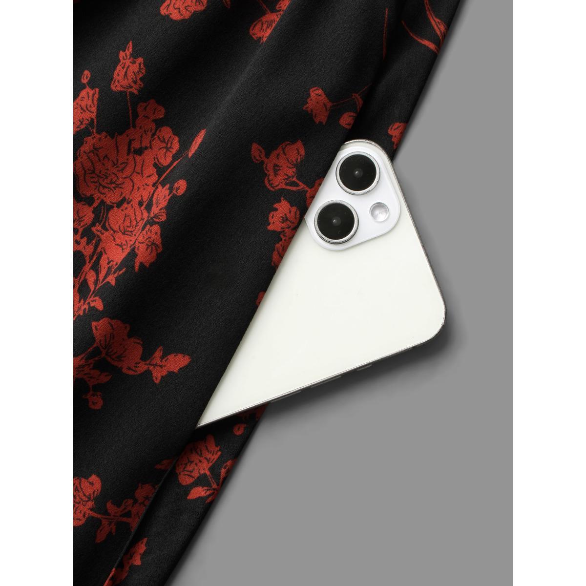 Plus Size Silhouette Floral Print Notched Dress Black Women Elegant Non Notched collar Long Sleeve Curvy BloomChic 28/5X Product Image