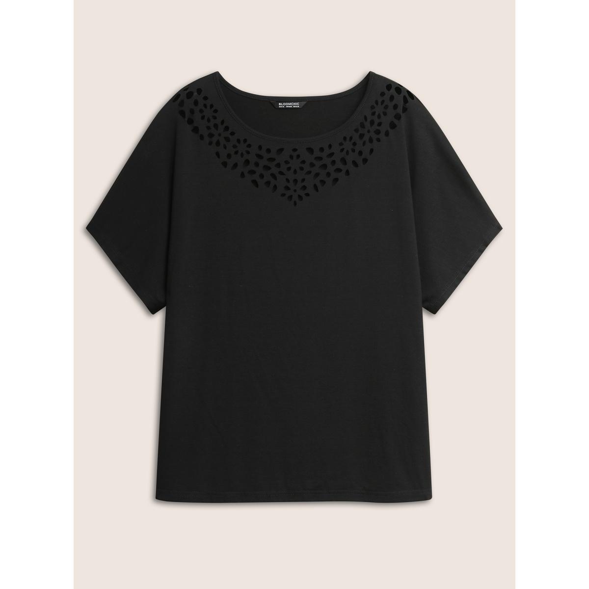 Plus Size Plain Laser Cut Batwing Sleeve T-shirt Black Women Elegant Cut-Out Round Neck Everyday T-shirts BloomChic 18-20/2X Product Image