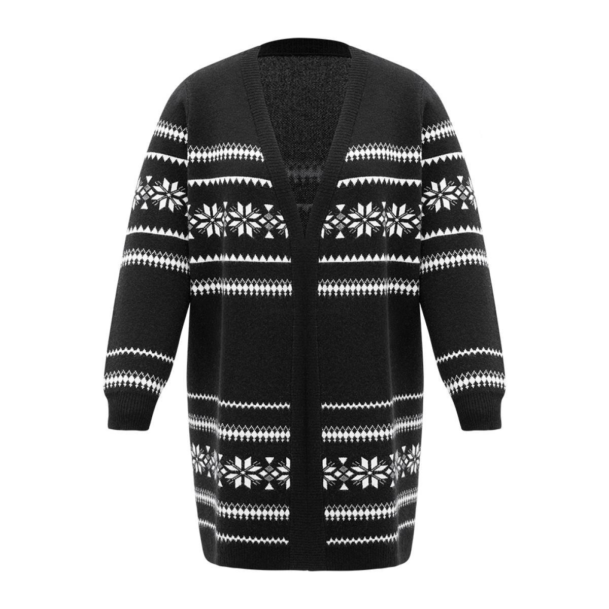 Plus Size Anti-Pilling Bandana Print Elastic Cuffs Cardigan Black Women Casual Loose Long Sleeve Festival-Christmas Cardigans BloomChic 12/L Product Image