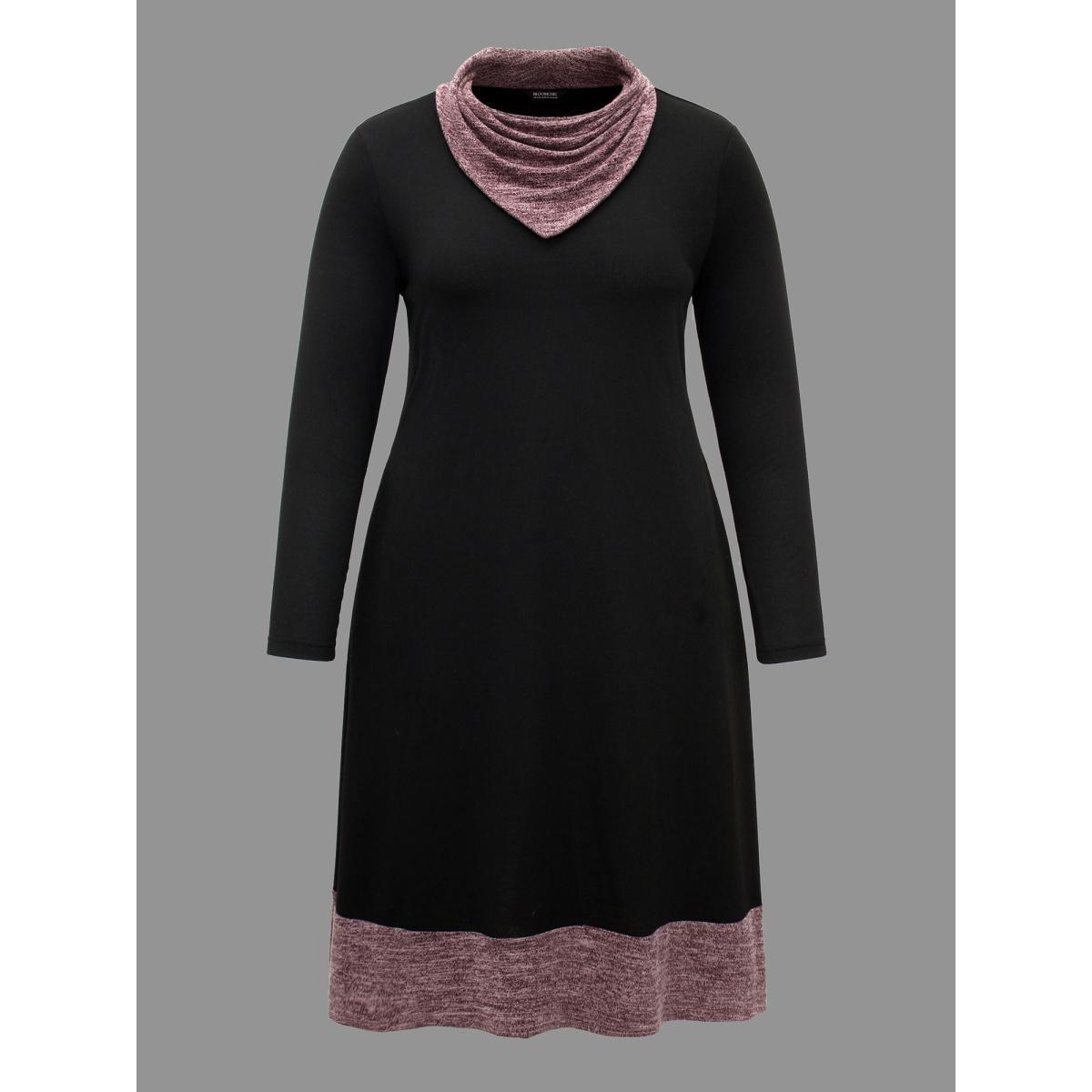 Plus Size Heather Patchwork Turtleneck Midi Dress Black Women Casual Contrast Ruffled collar Long Sleeve Curvy BloomChic 22-24/3X Product Image