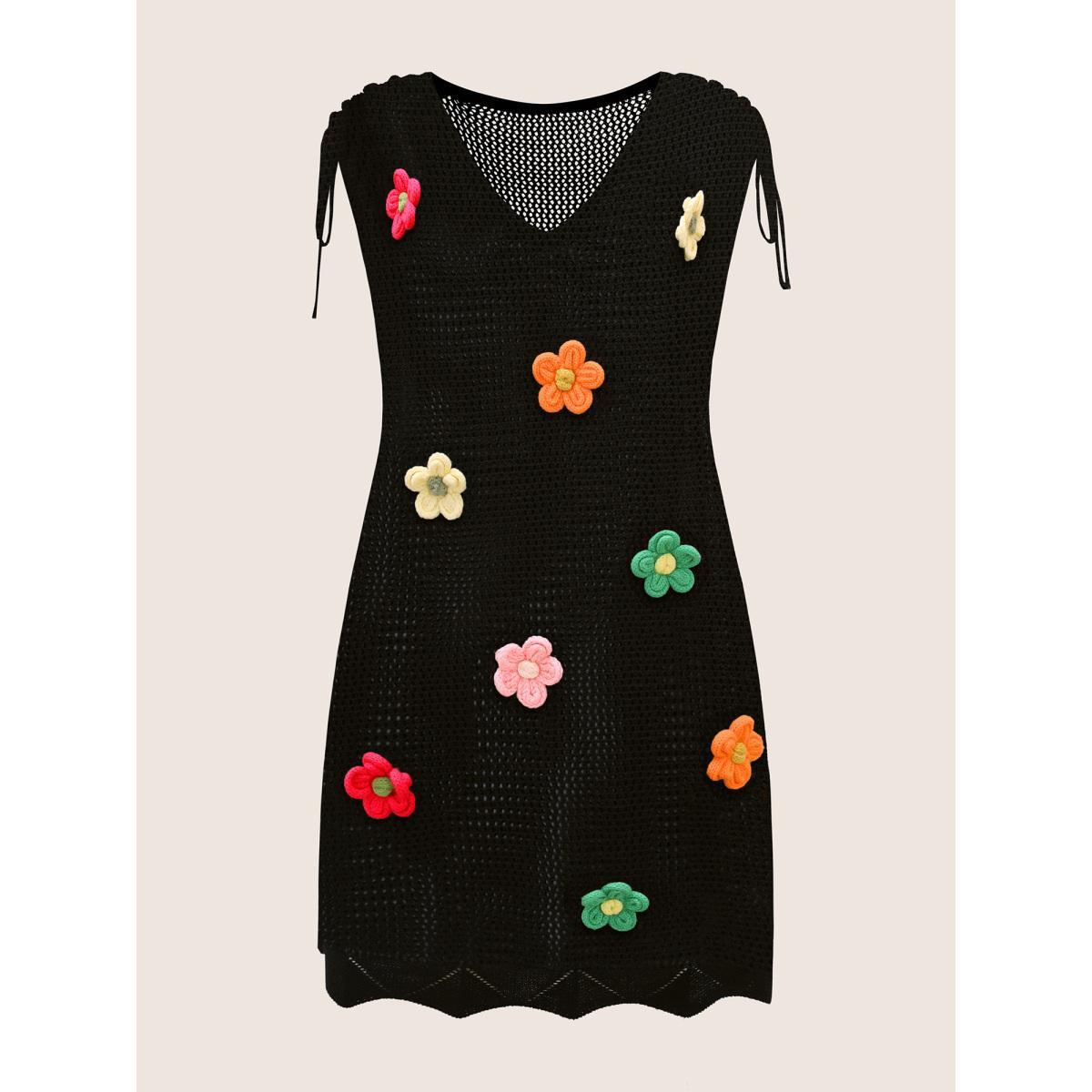 Plus Size Stereo Flower Design Drawstring Swim Cover Up Women's Swimwear Black Beach Loose Crochet Curve Swim Cover Ups BloomChic 26/4X Product Image
