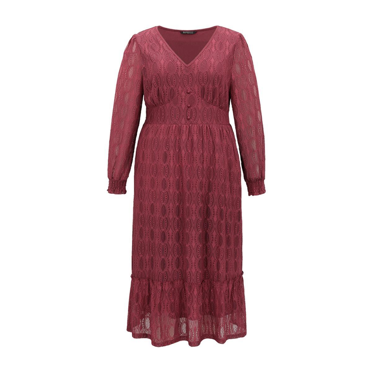 Plus Size Contrast Lace Button Detail Shirred Ruffle Hem Dress Scarlet Women Glamour Texture V-neck Long Sleeve Curvy Midi Dress BloomChic 18-20/2X Product Image