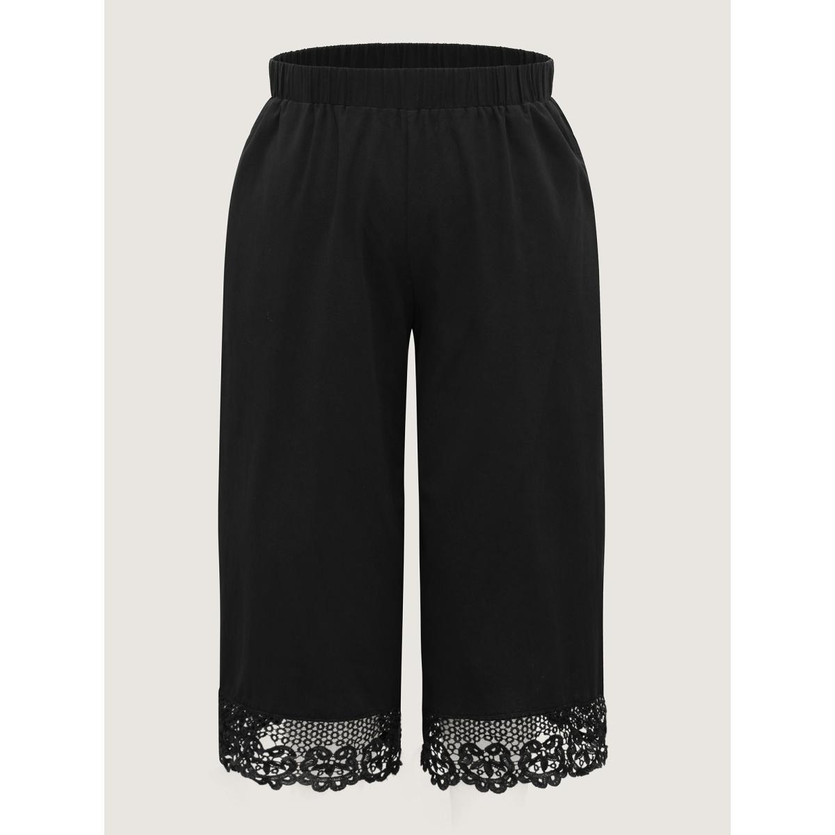 Plus Size Cotton Scalloped Lace Hem Wide-Leg Pants Women Black Resort Wide Leg Mid Rise Vacation Pants BloomChic 18-20/2X Product Image